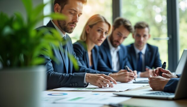 Business team reviews eco-friendly investment reports in meeting room. Professionals analyze green investments. Serious discussion happens around charts, graphs. Focus on sustainable growth.