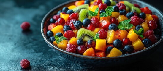 Delicious fruit salad in a bowl with raspberries, blueberries, kiwi, and mango.