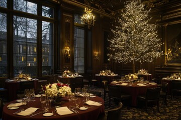 Fototapeta premium Elegant indoor setting for a festive holiday gathering featuring beautifully arranged tables, a shimmering Christmas tree, and warm ambient lighting in a vintage-style room