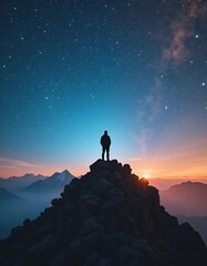 A silhouette of a business leader standing on a glowing mountain peak