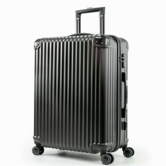 Stylish hard shell suitcase ready for travel, featuring a retractable handle and wheels for easy mobility