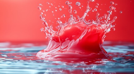 Dramatic red splash captured mid-air on a reflective water surface