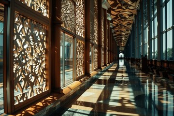 Obraz premium Sunlit Corridor with Intricate Wooden Latticework