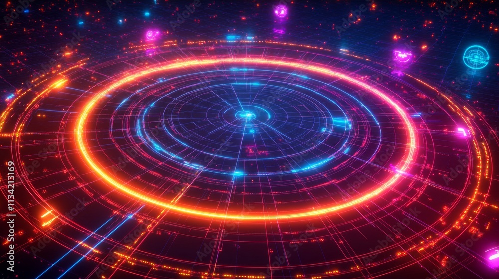 Aufkleber Futuristic Digital Abstract Pattern with Bright Neon Circles and Lines
