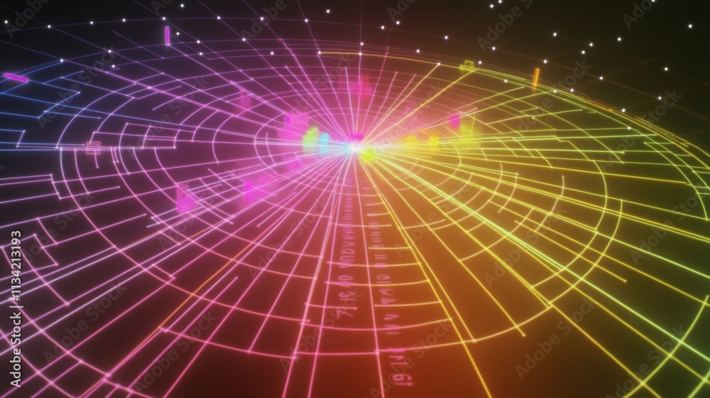 Fototapete colorful data visualization on a circular grid with light effects