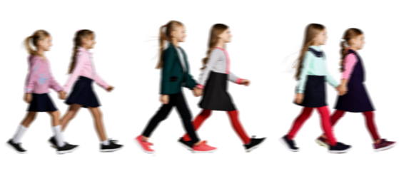 Motion blur walking school kids boy girl silhouettes isolated on transparent background PNG for photo scenes	
