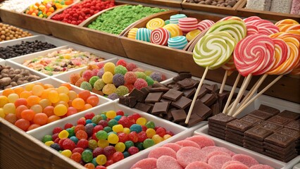 A table full of candy and lollipops