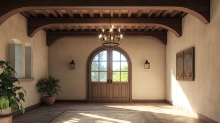 Timber beam ceiling and arched door in mediterranean style