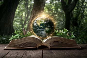 Enchanted Book with Glowing Earth Surrounded by Lush Greenery in a Magical Forest Setting, Symbolizing Nature and Knowledge Connection