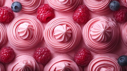 Pink swirled frosting cupcakes with raspberries on top