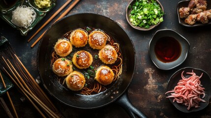 Delicious Asian Cuisine with Glazed Dumplings and Fresh Ingredients