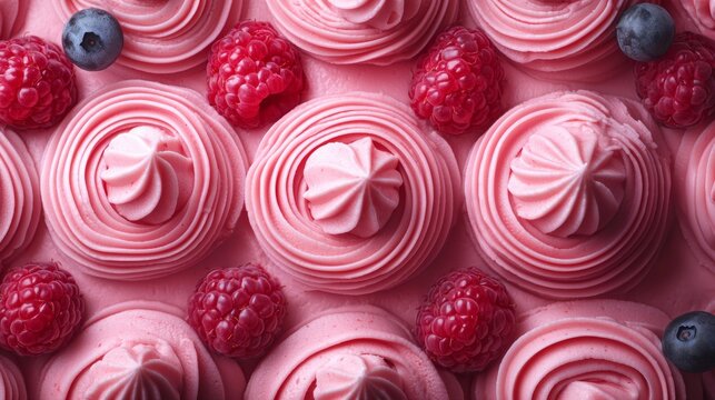 Pink swirled frosting cupcakes with raspberries on top