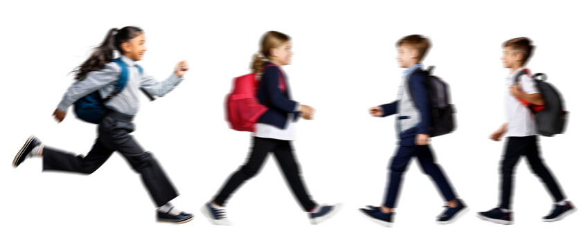 Motion blur walking school kids boy girl silhouettes isolated on transparent background PNG for photo scenes	
