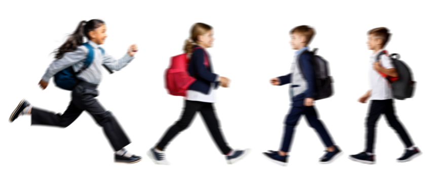 Motion blur walking school kids boy girl silhouettes isolated on transparent background PNG for photo scenes	
