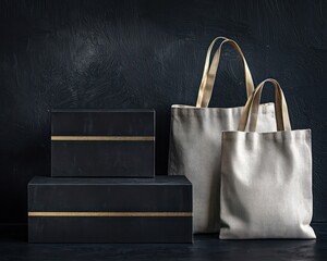 Premium black boxes with gold stripes and shopping bags on an obsidian backdrop.