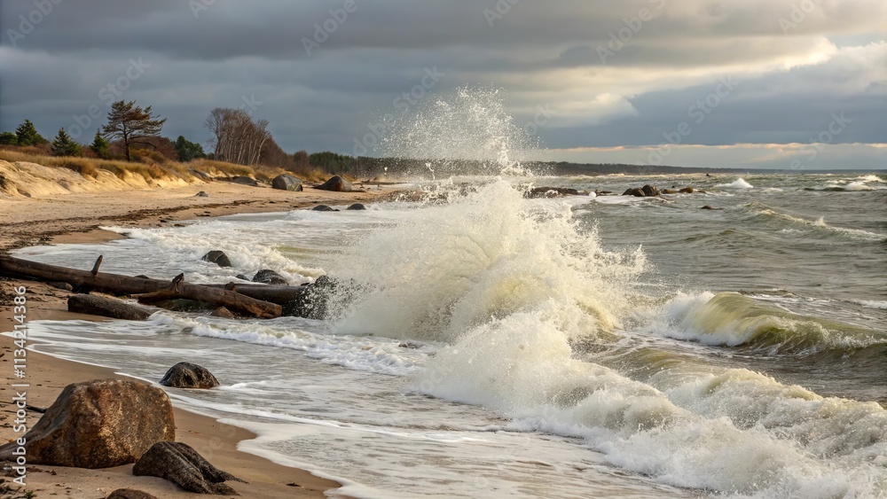 Aufkleber the ocean is rough and the waves are crashing against the shore