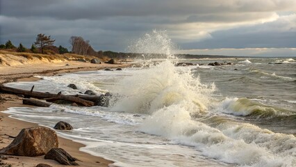 The ocean is rough and the waves are crashing against the shore