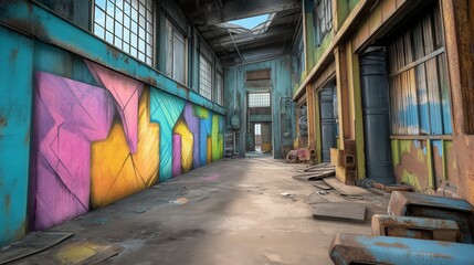 Fototapeta premium The interior of a deserted warehouse with walls covered in vibrant graffiti art