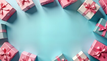 Gift boxes arranged in circular pattern on soft blue background. Pink, light blue boxes decorated with pink ribbons, bows. Arrangement suggests festive celebratory theme. Appropriate for holiday - Powered by Adobe