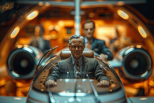 A detailed model of a pilot in a luxury airplane cockpit, showcasing elegance and precision. - Powered by Adobe