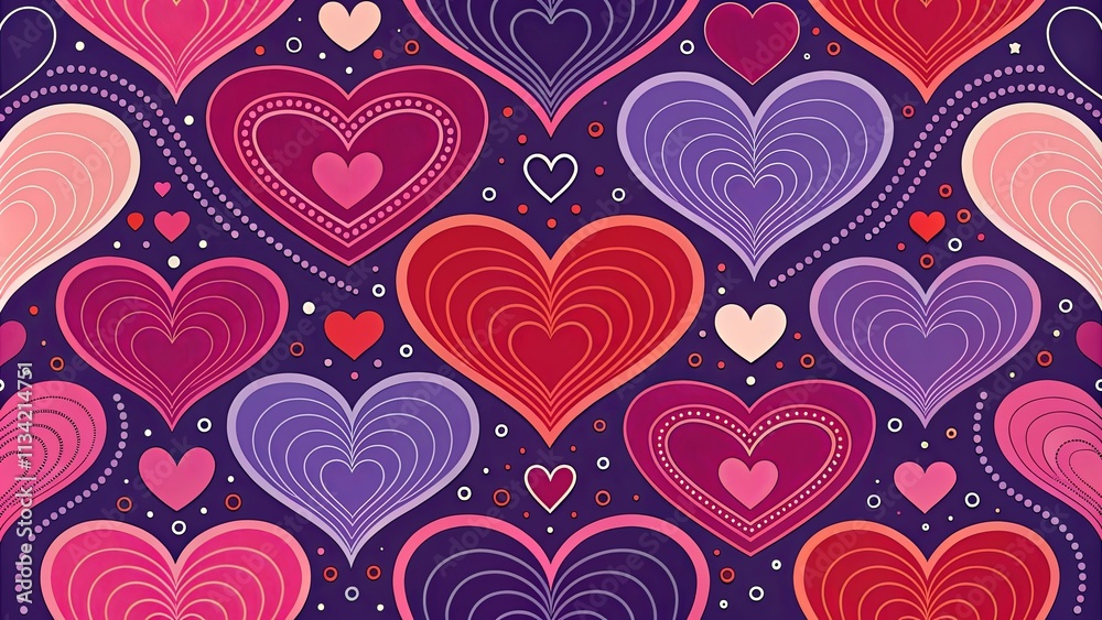 Poster a colorful pattern of hearts with a purple background