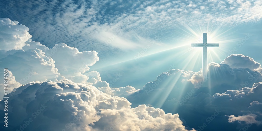 Poster a cross is shining brightly in the sky above a cloudy backdrop