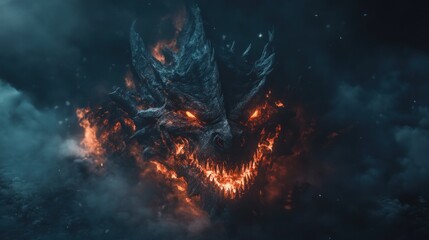 Fierce dragon head erupting in flames against a dark, smoky backdrop.