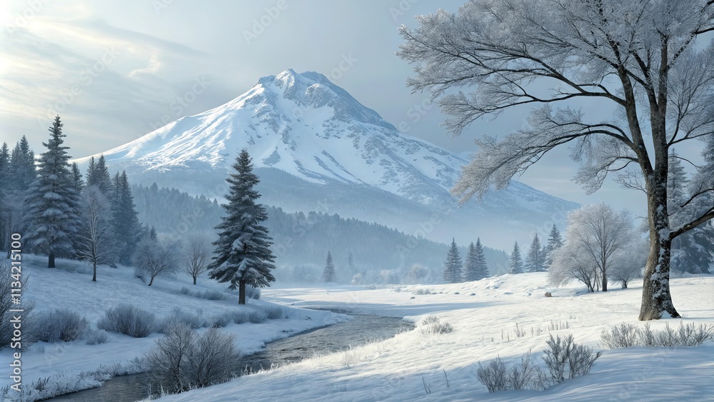 Poster A snowy mountain range with a river running through it