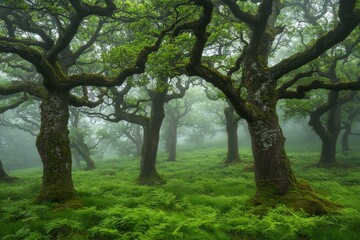 Obraz premium Enchanting Misty Forest Landscape with Lush Green Ferns and Majestic Trees in Ethereal Fog, Perfect for Nature Lovers and Tranquil Scenery Enthusiasts