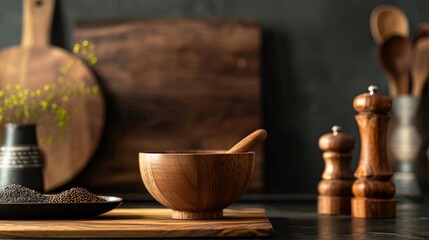 Rustic kitchen utensils and spices on a wooden counter