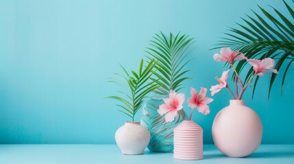 Fototapeta premium Pastel flower vases with blossoms on a light blue backdrop