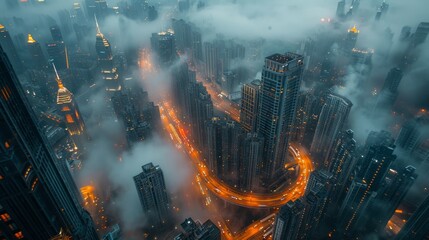 Obraz premium Cityscape view with glowing streets shrouded in mist at night.