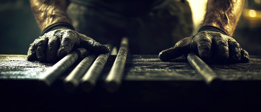 Hands covered in dirt grasp metal rods on a wooden surface, suggesting craftsmanship.