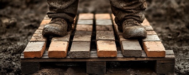 A person stands on a wooden pallet covered with bricks, indicating construction work.