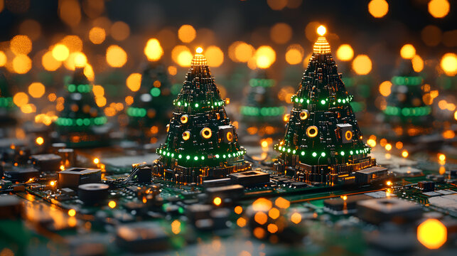 A collection of small Christmas trees made from circuit boards, combining the festive spirit of Christmas with the technological aesthetics of modern design.
