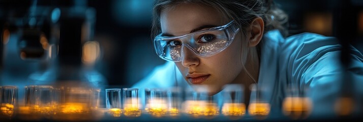 A scientist examines glowing liquid samples in a lab setting.