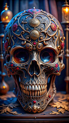 Obraz premium Portrait of human skeleton skull with color flowers