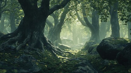 Fototapeta premium Mystical forest path bathed in sunlight.