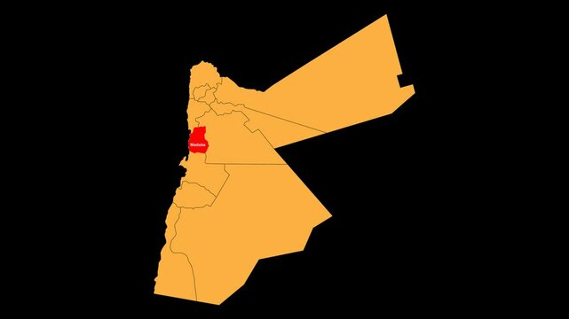 Madaba map animated video. The location is highlighted on the Jordan map. Colour map with transparent background in video format.