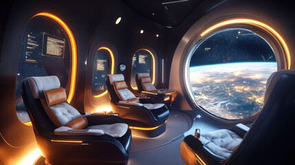 A futuristic space lounge with sleek chairs, ambient lighting, and a panoramic view of Earth through a large window.