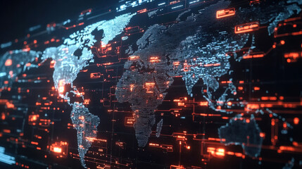 A digital map displaying a network of glowing data points and lines, representing global connectivity and information flow.