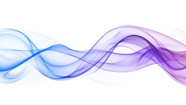 Abstract blue and purple wavy smoke design on white background.