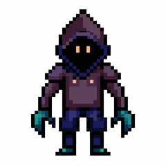 Fototapeta premium Retro Pixel Art Hooded Character with Gloves 8 Bit Game Sprite