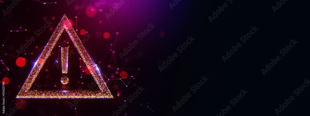 Poster Glittering exclamation mark warning sign in triangle, glowing design on dark background, futuristic holographic light dots. 3D Rendering