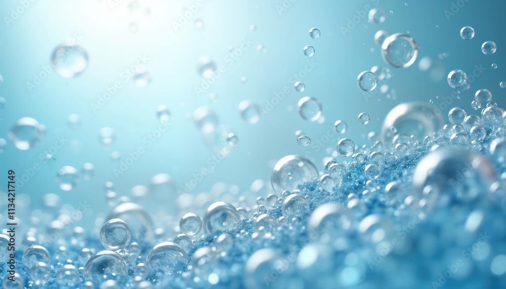 Poster close-up view of water droplets, bubbles. light blue water surface shows many small, large round bub