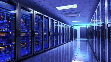 Data center background. Server room with information technology equipment. Digital technology concept