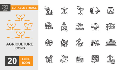 Agriculture line editable icon set. Farming, crops, organic, harvest, farm worker, irrigation and more line icons.
