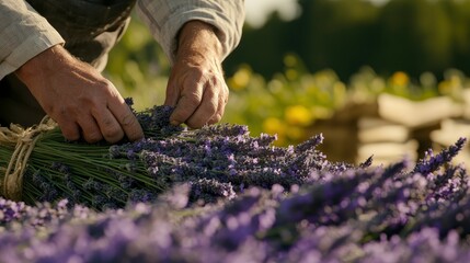 A person arranging freshly harvested lavender bundles in a sunny field.