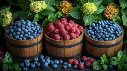 Baskets of fresh berries with lush green leaves