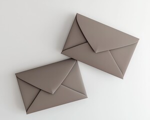 Detailed view of two taupe envelopes, both sides displayed on a bright white surface.